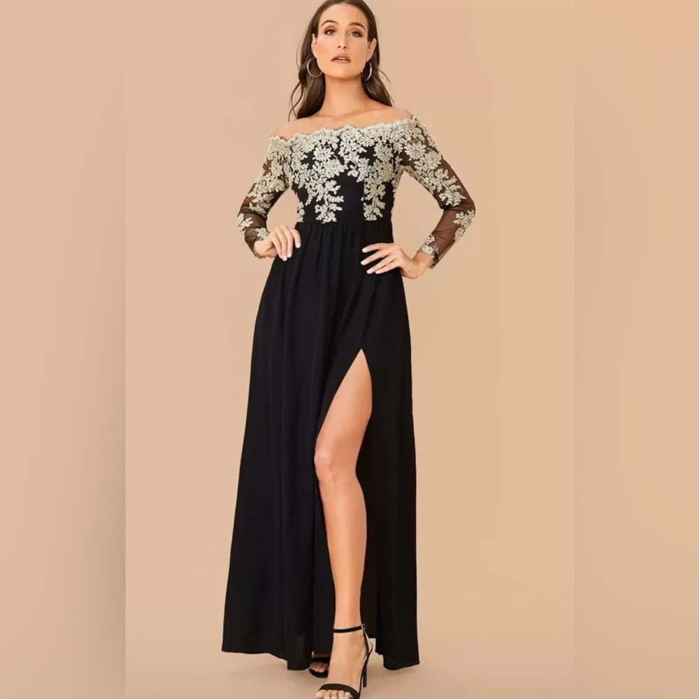 NWOT Black and Gold Off-Shoulder Formal Long Dress with Slit—Size 2